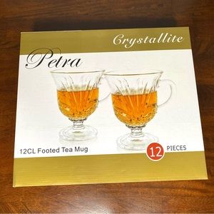 NEW VTG Set Of 12 NEW Petra Crystallite Clear Footed Tea Mug & Saucer 3.5”